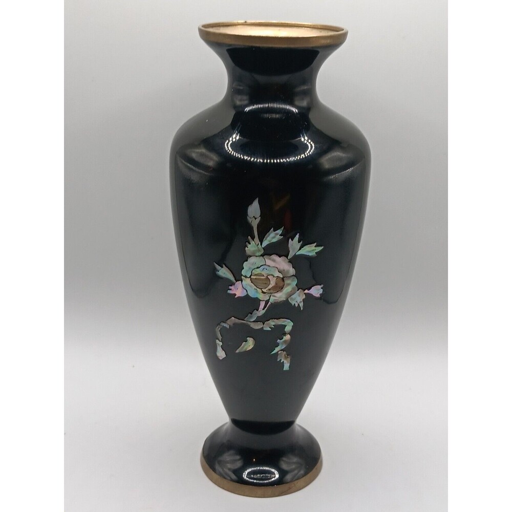 Vtg Asian Japanese Baluster Vase Black Lacquer & Mother of Pearl Floral Inlay 8"